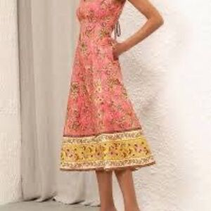 New with tags Zimmerman Junie Cut Out Midi Dress in Pink/Gold Floral